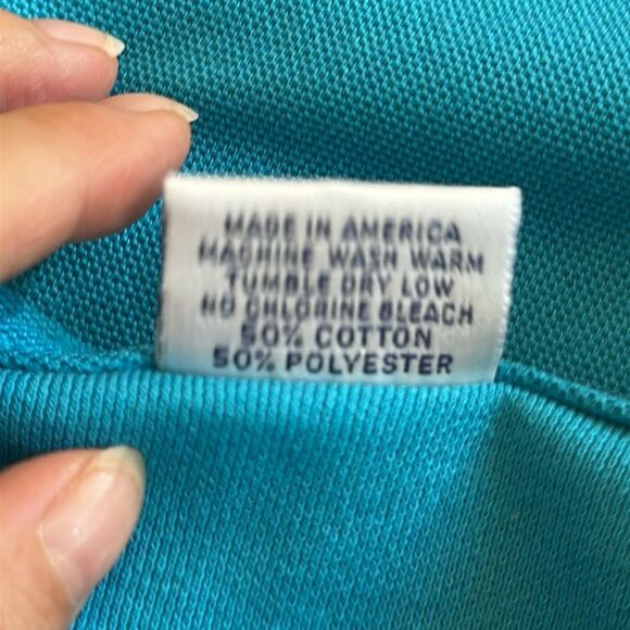 Vintage 80s Chesterfield Teal Blue Short Sleeve Knit Top with floral embossing - Picture 9 of 9